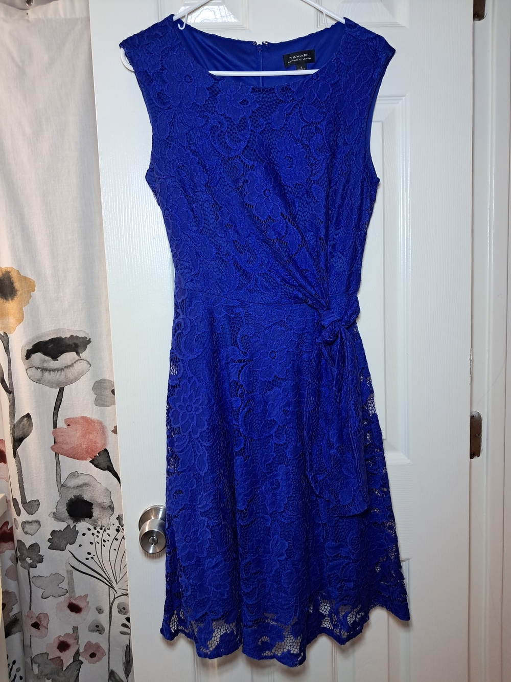 Tahari Royal Blue Lace Tie-Detail Sleeveless Dress